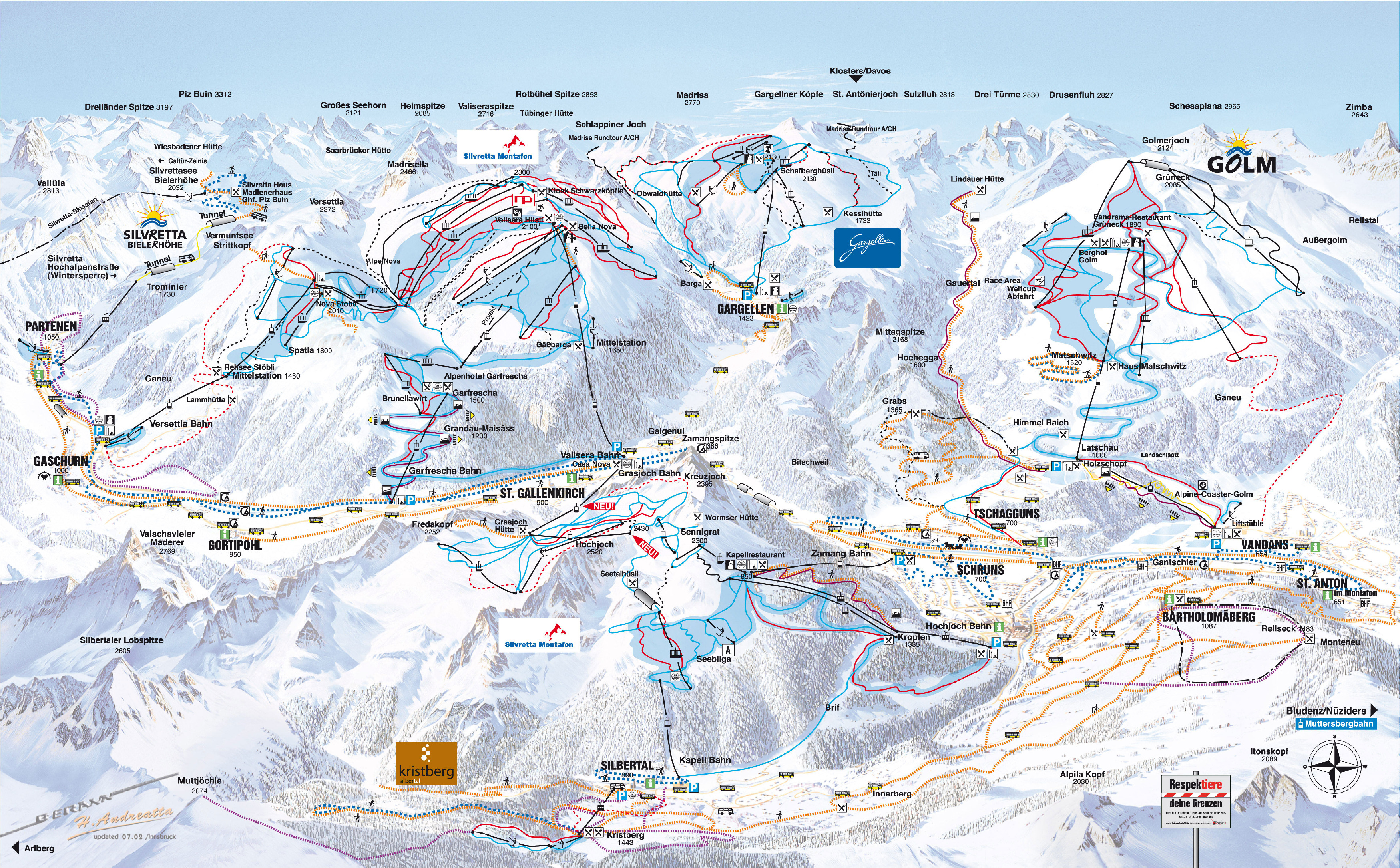 Gaschurn: Skigebiet Silvretta Montafon, Pistenplan, Skikarte