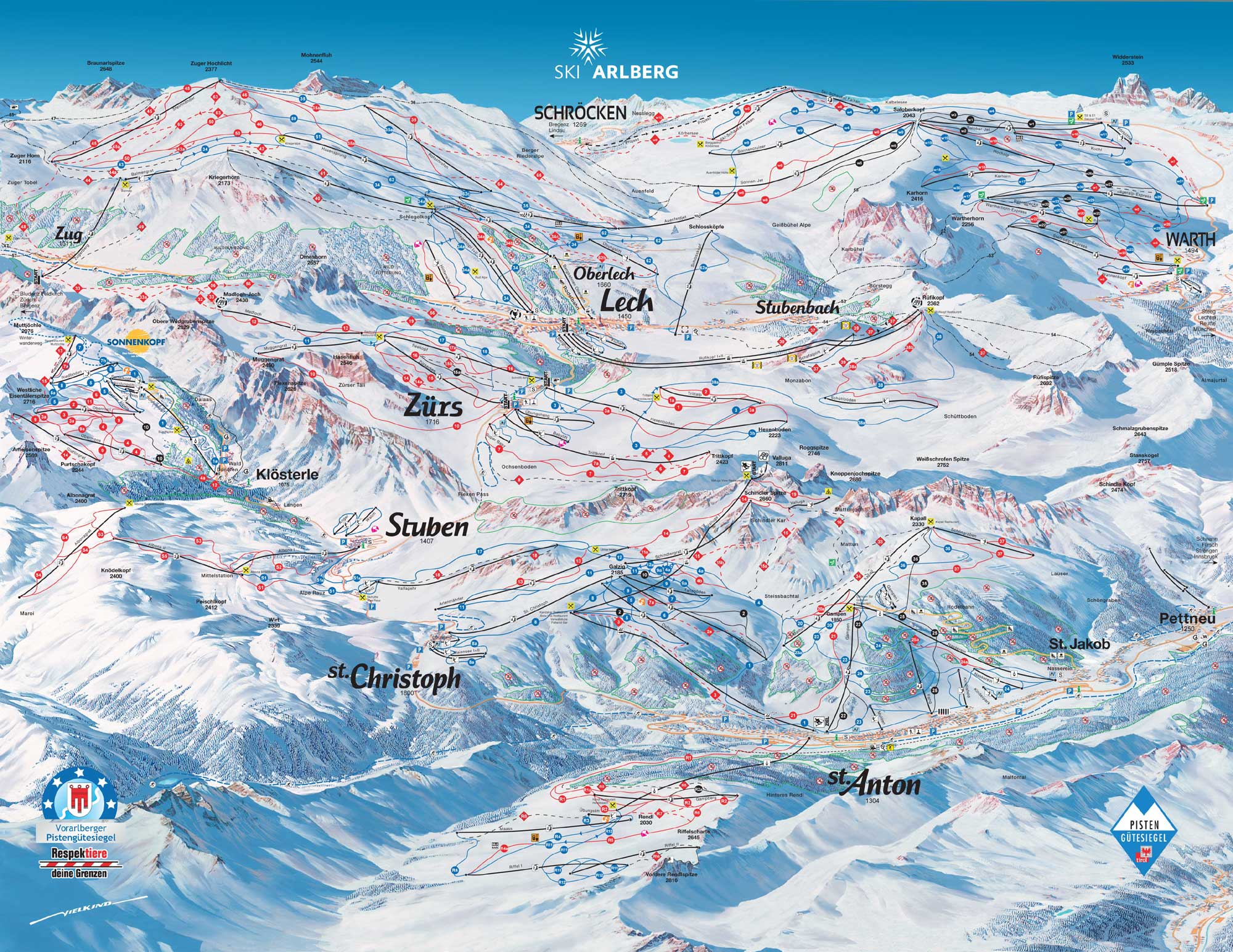 Arlberg: Skigebiet Arlberg, Pistenplan, Skikarte, Panoramakarte, Pisten
